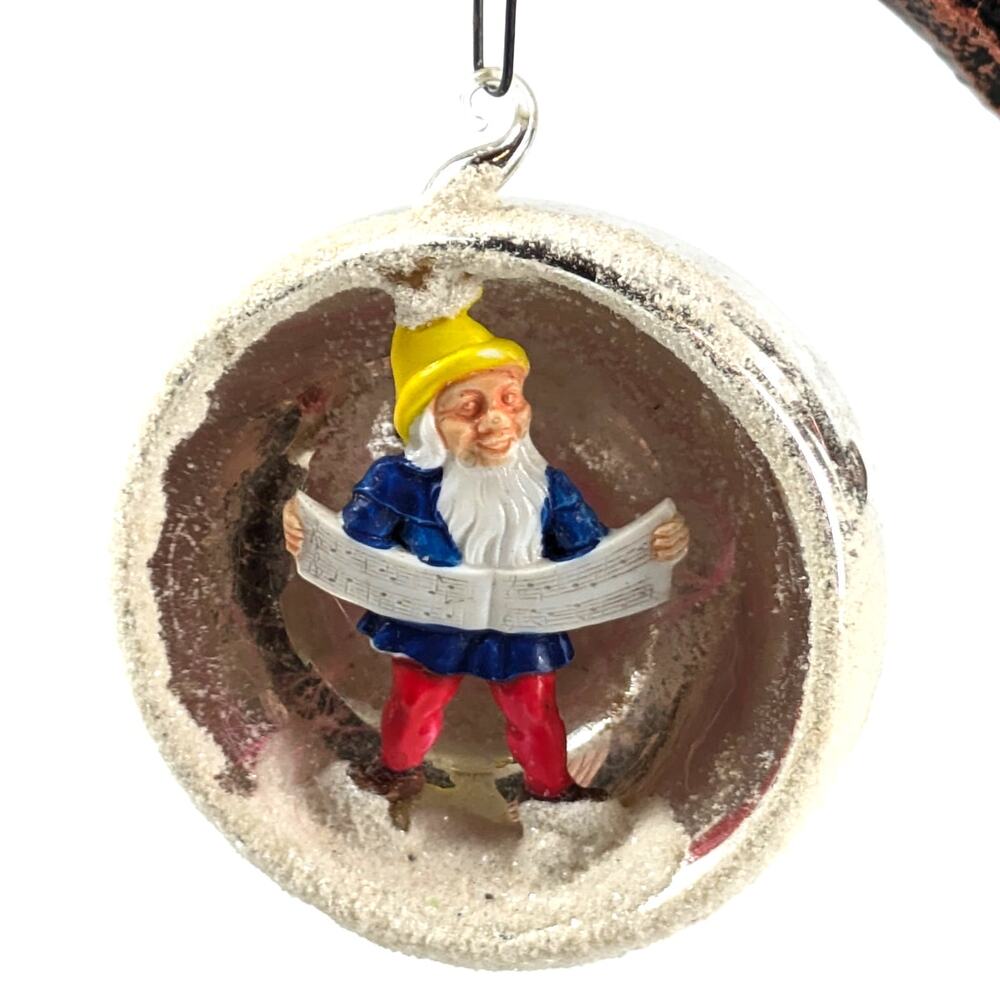 60s Diorama Christmas Ornament Celluloid Gnome Silver Mica Authentic Vtg Holiday